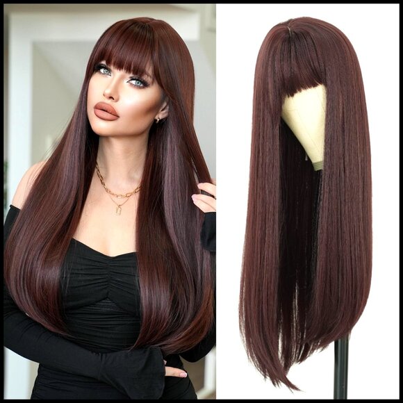 Long Straight Layered Wig with Bangs Heat Resistant Synthetic Fiber Adjustable main image 3